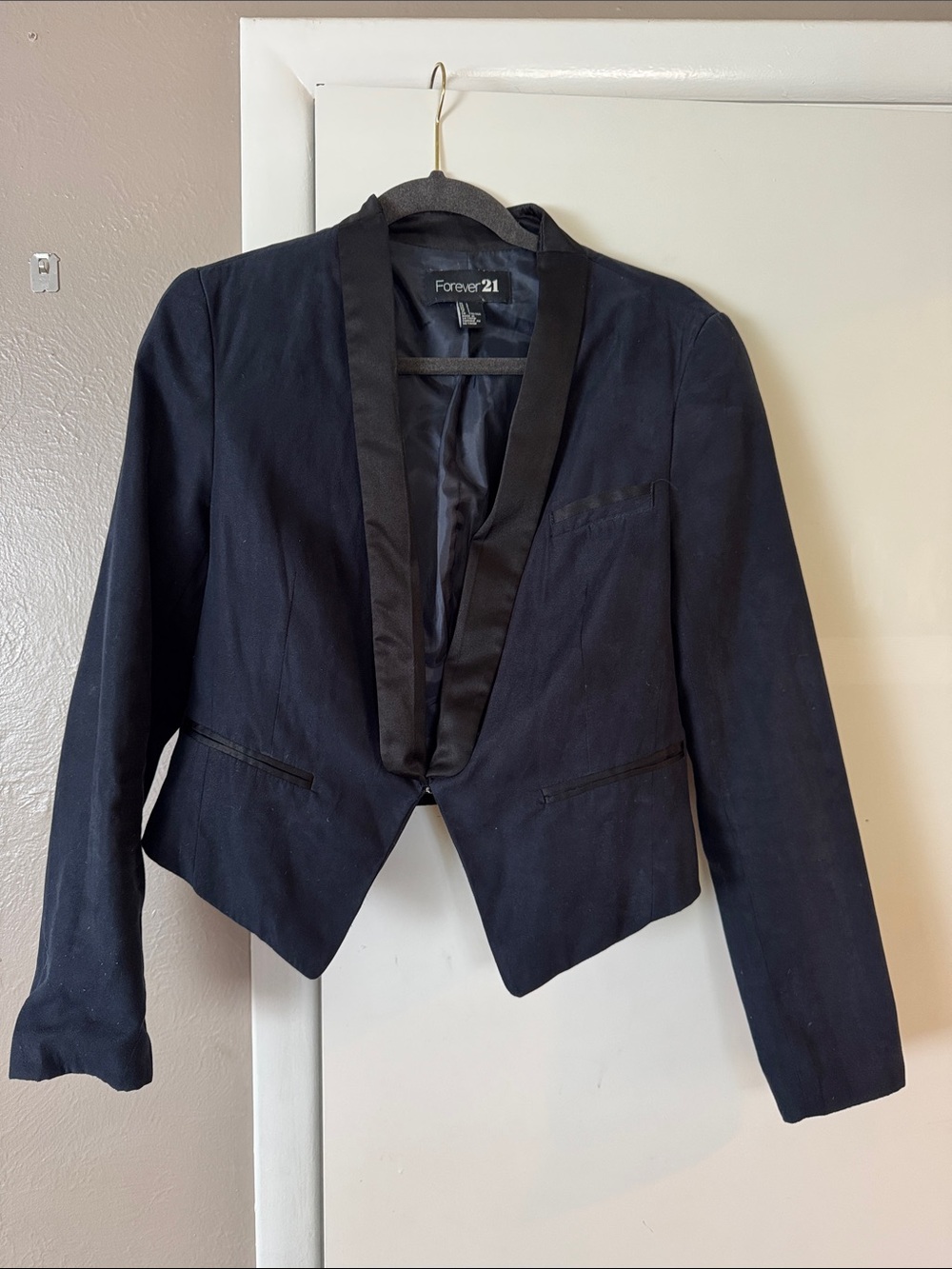 Forever 21 Navy Satin-Trim Cropped Blazer